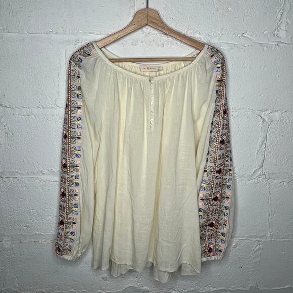 Tory Burch Luna Gauzy Cream Embroidered Peasant Blouse Scoop Neck Size Medium